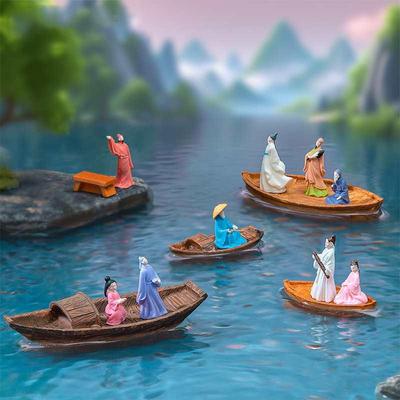 Creative Floating Mini Boat Ornaments: Zhuge Liang & Li Bai Figures In Ancient Costume - DIY Decorative Accessories