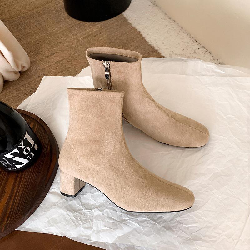 Cowhide Version Round Head Thick Heel Side Zipper Elastic Socks Boots Heightening Martin Boots Thin Boots Women'S Short Boots