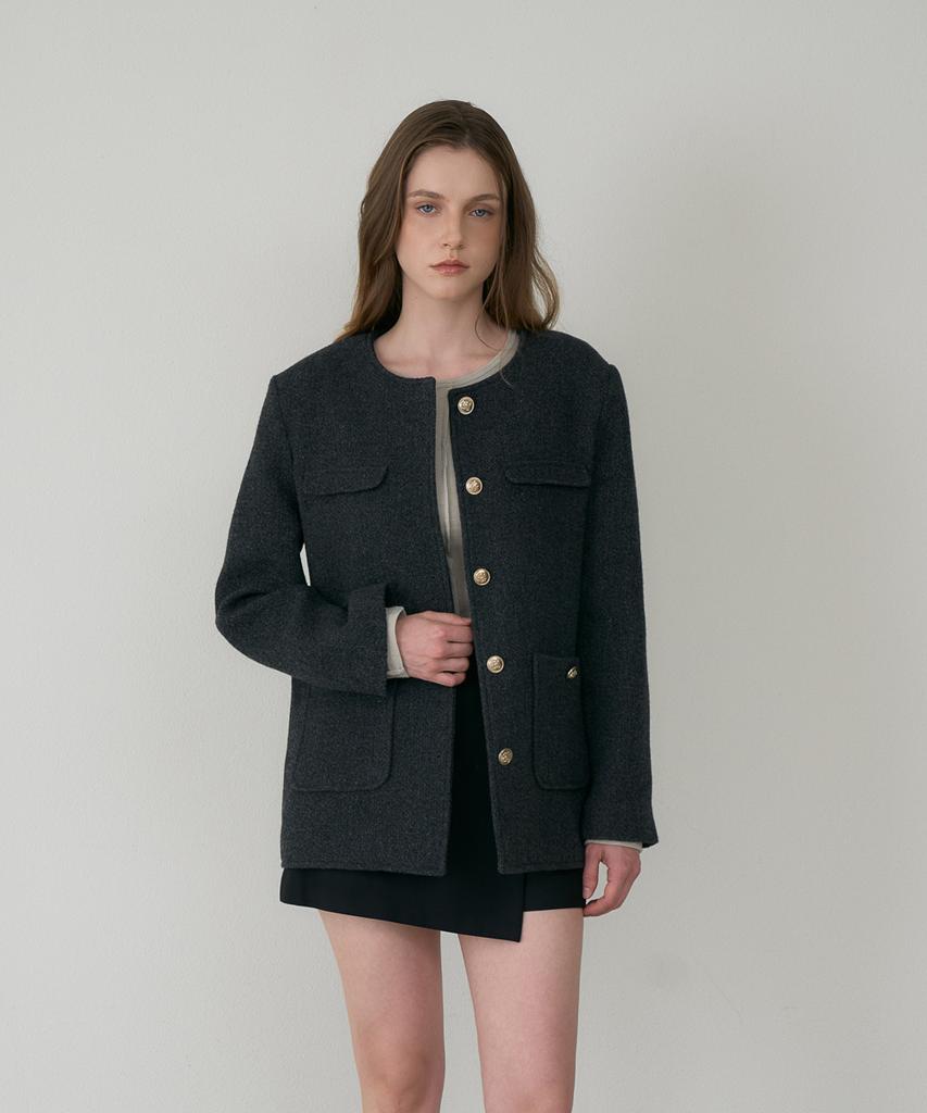 DEHEVE Classic Wool Collarless Jacket [Charcoal]