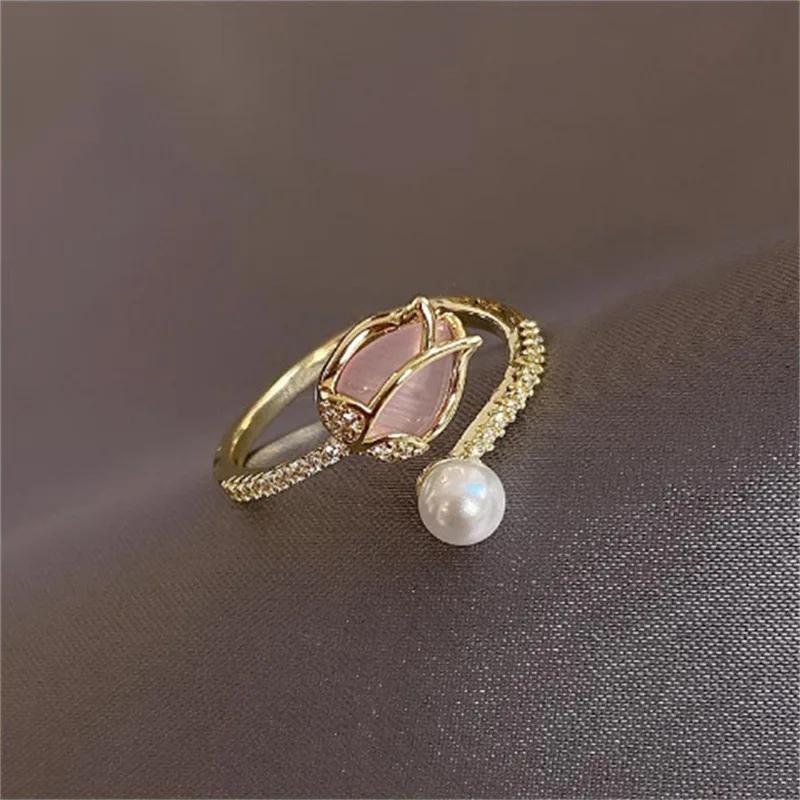 

Tulip ring women s opening free adjustment size opal ring super fairy Japan and Korea simple jewelry resizable рожевий