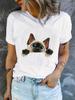 Cute 2D Peeking Siamese Cat Print T-shirt, Casual Loose Cotton Short Sleeve Tee, Adorable Kitten Graphic Top for Cat Lovers