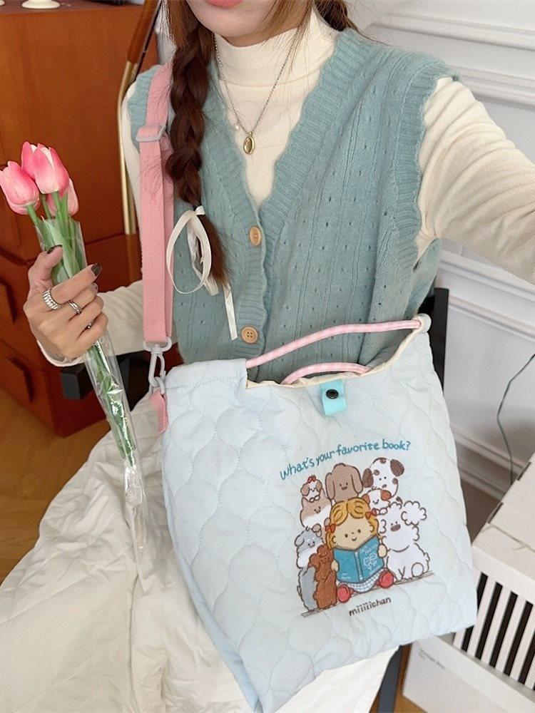 Adorable Soft Cotton Embroidered Tote Bag Stylish And Spacious Handbag For Daily Use