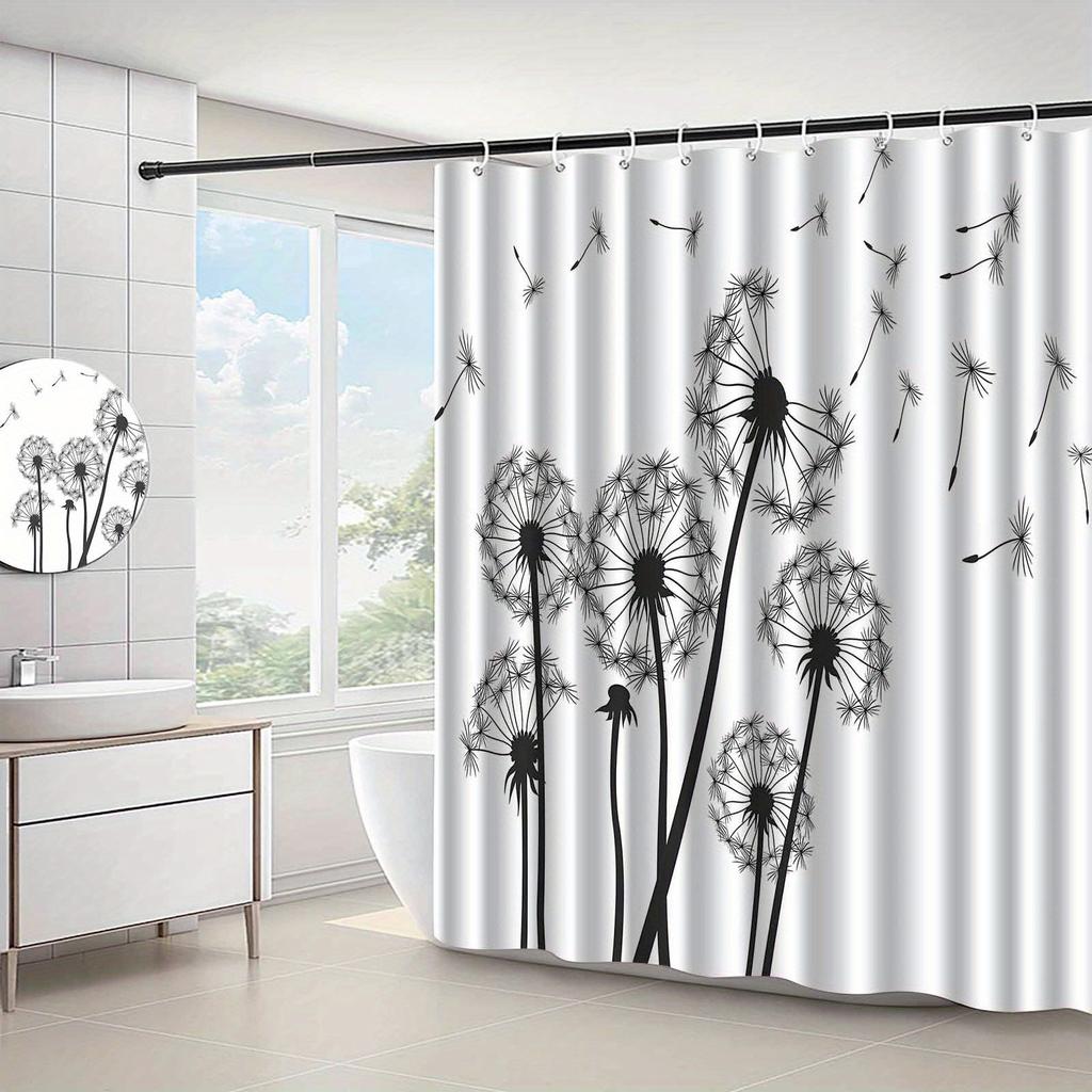 1pc dandelion pattern black and white shower curtain, polyester fabric, machine washable, suitable for bathroom decoration