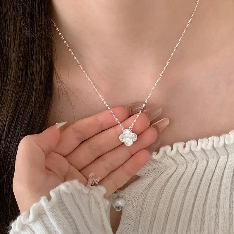 S925 Sterling Silver Laser-Cut Four-Leaf Clover Necklace for Women - Elegant Clavicle Chain, Luxurious Feel, Perfect Qixi Gift