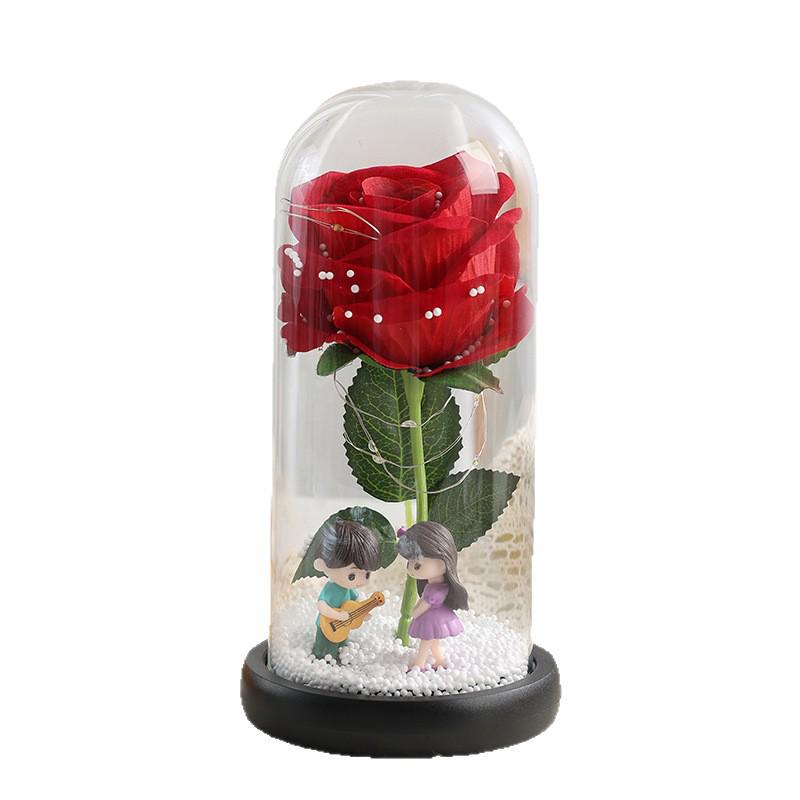 Ornamento de Luz Cúpula de Vidro Flor Rosa Folha de Ouro Feito à Mão - Caixa de Presente Dia dos Namorados