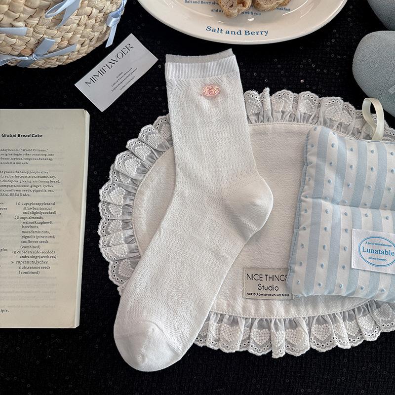 Cherry Buttoned Socks - Children's Summer Lightweight Mesh Perforated Tube Socks with Sweet Lace Trim and Solid Color Pile-up Socks