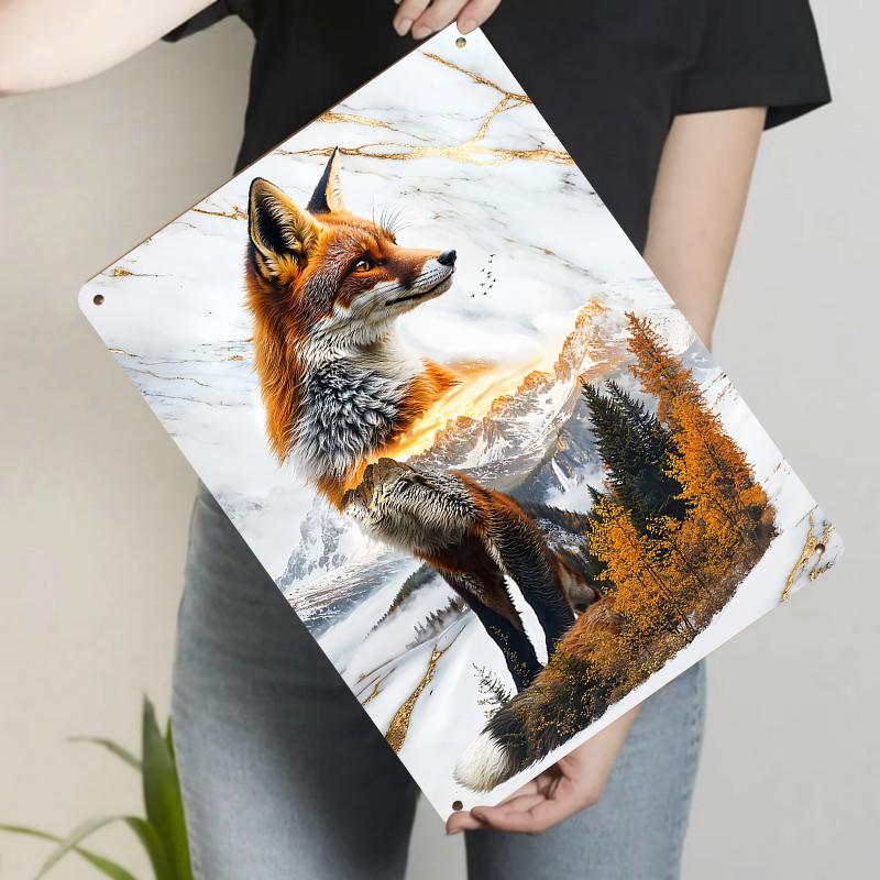 Golden Fox Mountain Landscape Metal Iron Painting Modern Home Living Room Entrance Wall Decor Mural