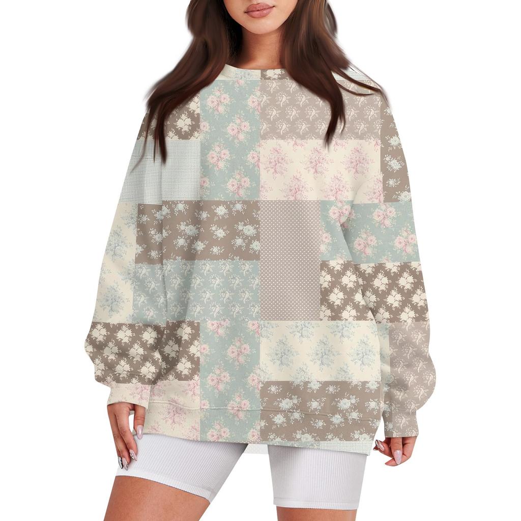 Women's Casual Print Round Neck Loose Long Sleeve Sweatshirt Top With Pocket