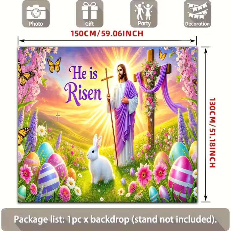 2D Christian Easter Backdrop Jesus Cross Floral & Eggs Party Banner