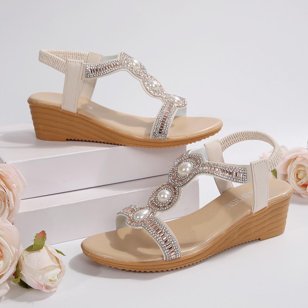 

Летние новые босоножки на плоской подошве с танкеткой, женская мода, пляжные сандалии со стразами, женская обувь в стиле бохо 42