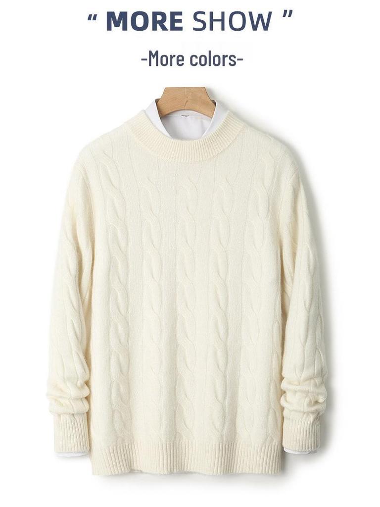 Men's Pure Wool Thick Cable Knit Sweater - Round Neck Solid Color for Autumn and Winter