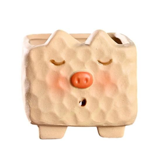 Ceramic Animal Plant Pot Cute Kitty Flowerpot with Drainage Hole Decorative Sheep Pig Planter for Succulents Home Room Office Desk Decor