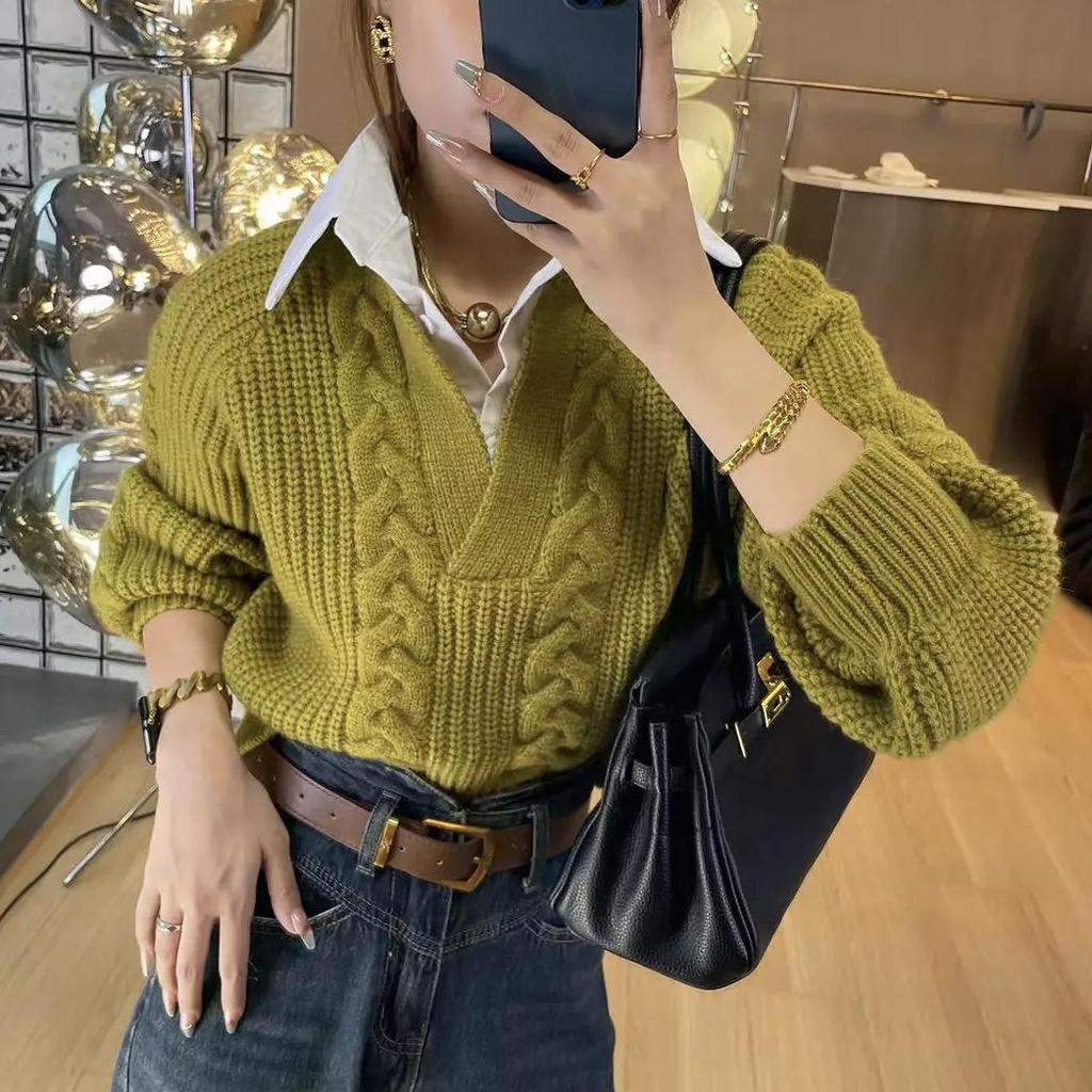 Damen Herbst- und Winter-Patchwork-Hemd Designgefühl Nische Fake Zweiteiliger Pullover Locker Langärmlig Stricktop Trend