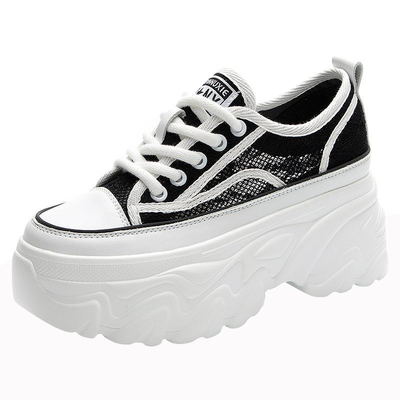 2025 summer new lace mesh breathable women's shoes round head lace-up muffin shoes heightening casual shoes women's trend