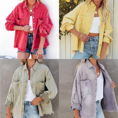 Denim Women's Raw Edge Europe and The United States Wind Solid Color Washed Jacket Plus Size