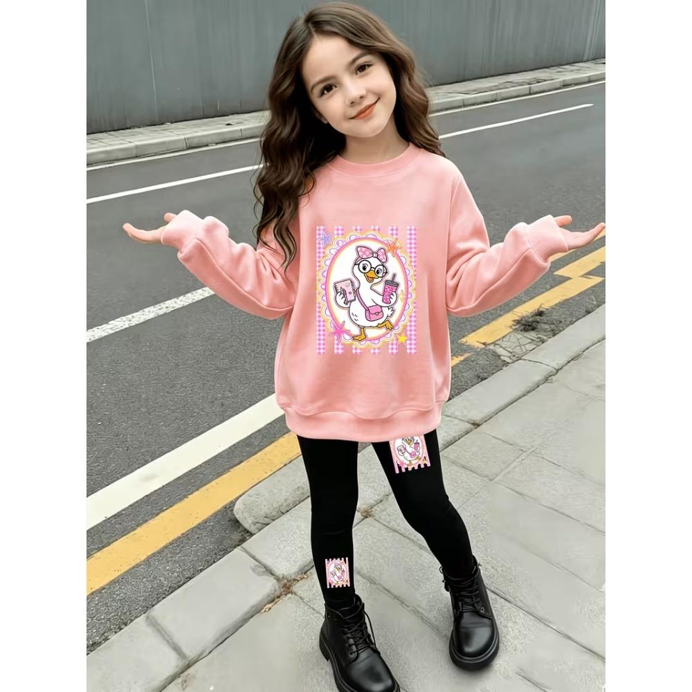 Girls' Cute Cartoon Duck Casual Comfortable Soft Loose Pullover Sweatshirt and Leggings 2-Piece Set, New Autumn/Winter, Playful, Sweet and Cool Style