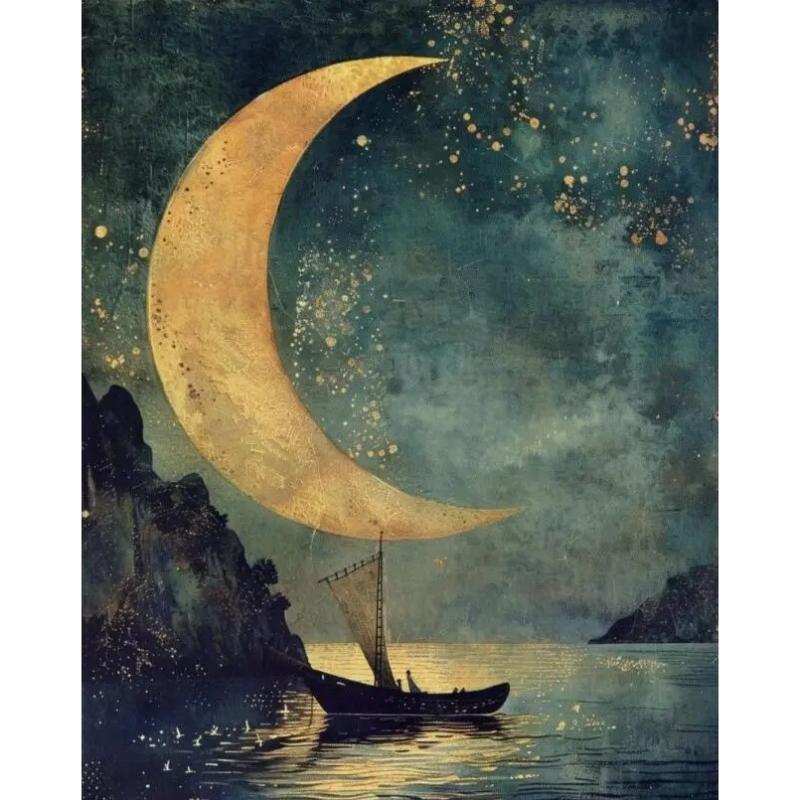 Fantasy Mondsichel Leinwandbild für Wohnzimmer Heimdekoration Mond am Sternenhimmel Poster Druck Abstrakte Wandkunst