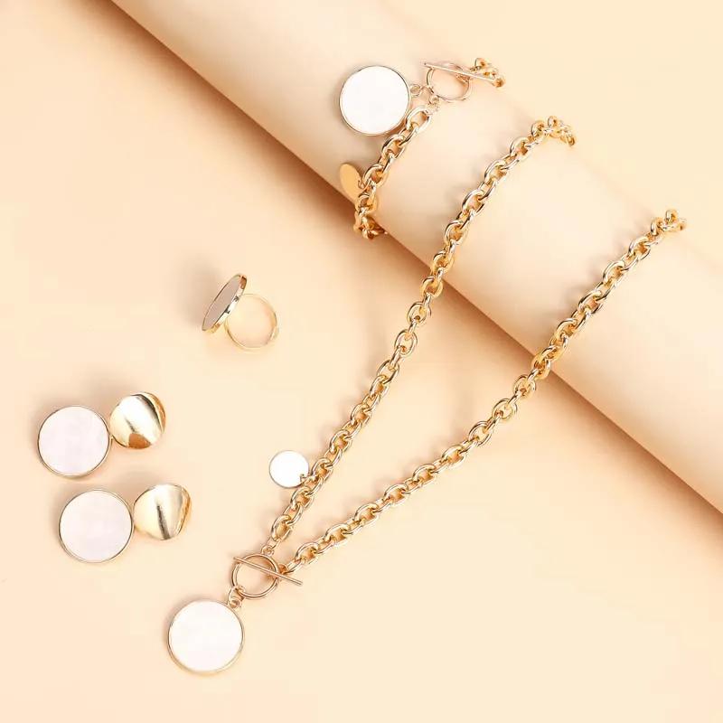 Vintage White Round Circle Pendant Necklaces Set for Women Luxury Metal Geometric Choker Necklaces Jewelry Set Accessories