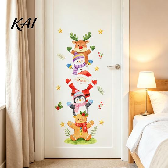 Xmas Cabinet Stickers Watercolor Christmas Stack?Up Characters Wall Stickers, Removable Self?Adhesive Door Holiday Gift for Friends Sticker, Santa