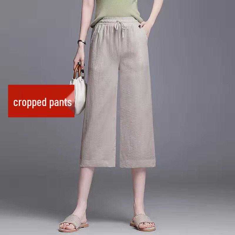 Women's Wide-Leg Ice Silk Linen Pants: Summer Thin, High-Waist, Elastic, Casual Style