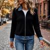 Ribbed Corduroy Top Women Denim Zip-Up Jacket, Long Sleeve Casual Coat, Relaxed Fit Jacket Fall Winter with Contrast Turndown Collar Outerwear