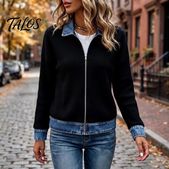 Ribbed Corduroy Top Women Denim Zip-Up Jacket, Long Sleeve Casual Coat, Relaxed Fit Jacket Fall Winter with Contrast Turndown Collar Outerwear