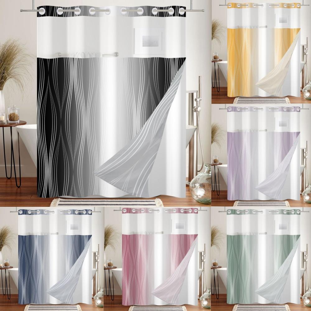 Dunika Chen Solid Color Gradient Shower Curtain Striped Hookless Double Layer Curtain With Snap In Removable Liner For Bathroom Bathtubs