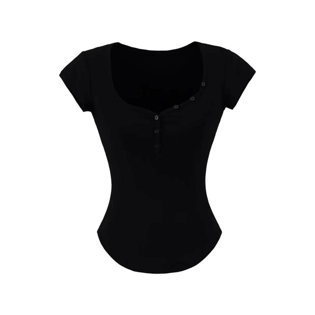 Damen Einfarbiges Slim-Fit T-Shirt mit Herzausschnitt & Gebogenem Saum
