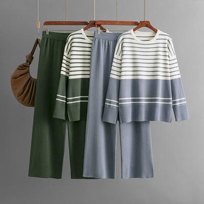 Autumn and Winter Striped Knitted Two-piece Round-neck Sweater Loose Casual and Fashionable Suit