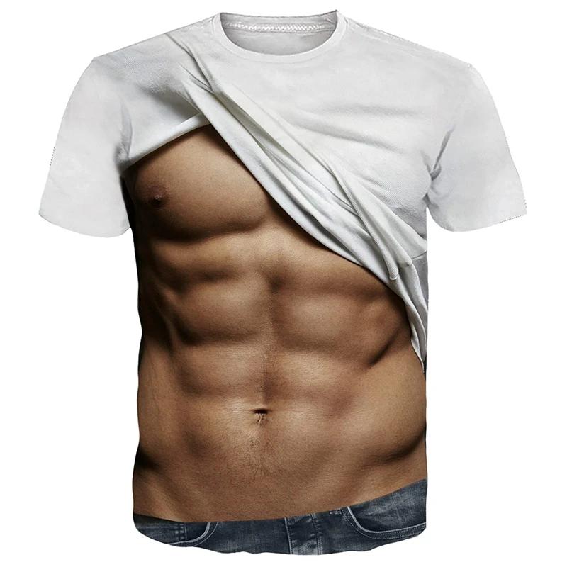 3D falešné tričko s potiskem na břiše Gymnastika Muži Letní Streetwear Trička Topy Harajuku Móda Sport Trička s krátkým rukávem