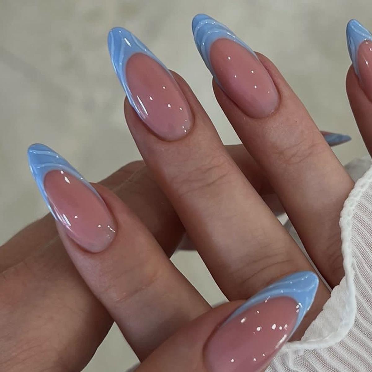 

Fresh Blue 3D Almond French Nails – Chic European & American Style False Nails