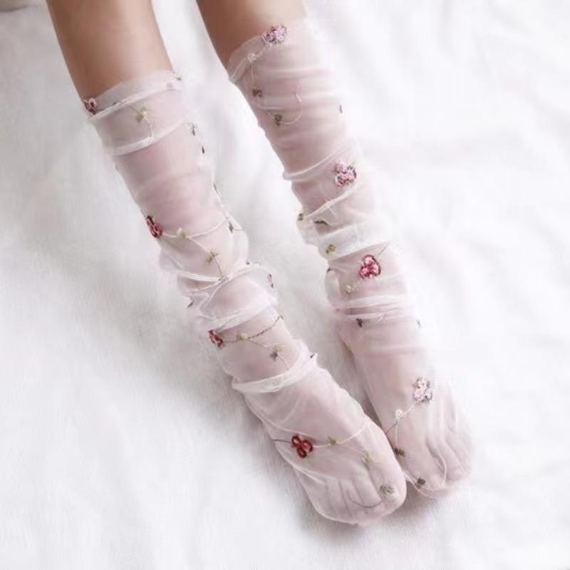 Fashion Lace Embroidery Flower Socks Women Transparent Tulle Socks Summer Thin Breathable Hosiery Mesh Gauze Floral Lace Socks