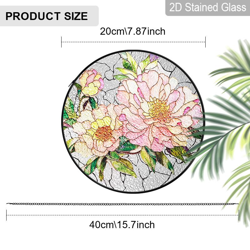 2D Flat Stained Glass Pink Peony Window Decoration, Elegant Colored Glass Plate with Chain, Charming Spring Summer Sun Catcher Wall Art Home Garden