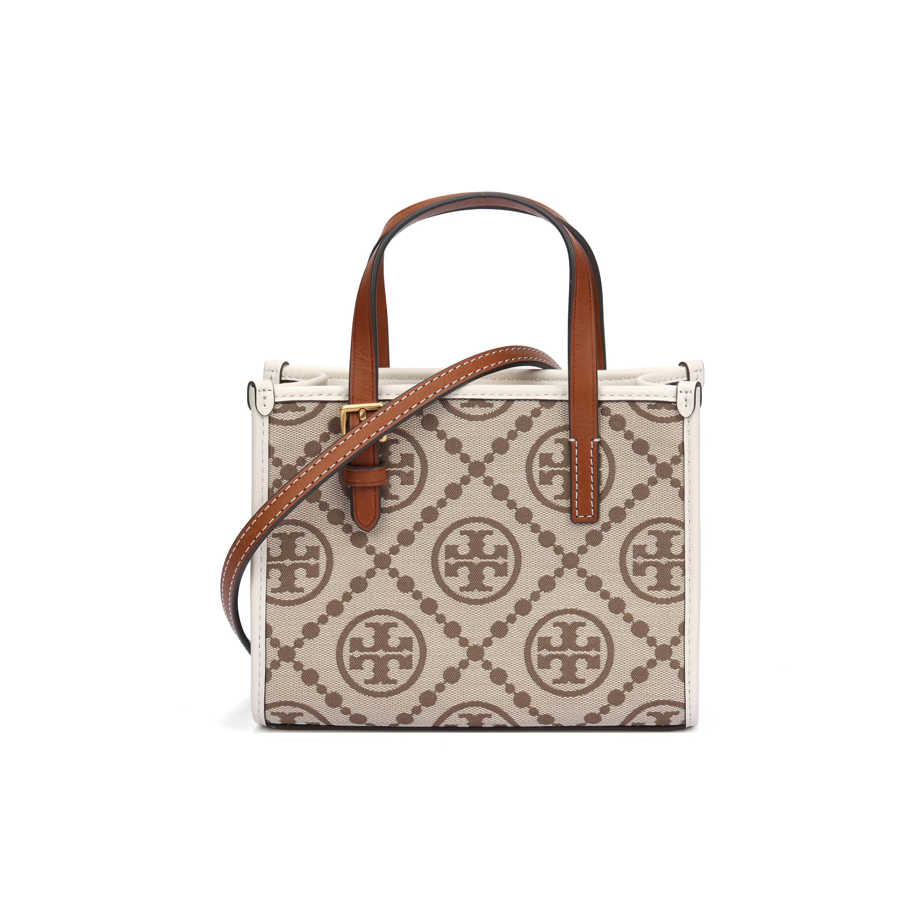 

Tory Burch T Monogram 19 Canvas And Leather Trim Tote Bag Women Tote Hazelnut-Brown Ivory-White 147682-300 Basic Set (Bag+Dust Bag)