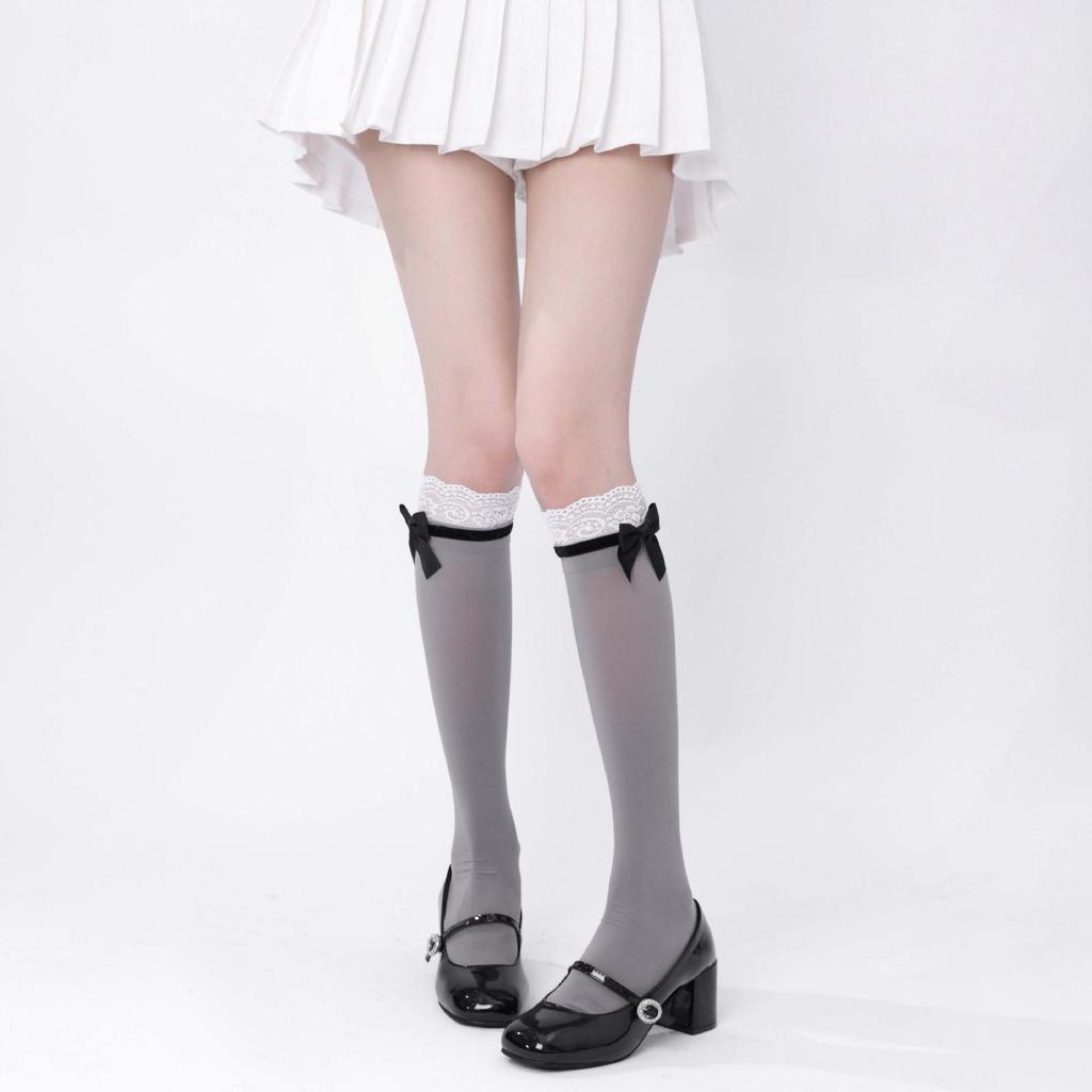White Velvet Calf-Length Ballet Socks with Lace Trim - Lolita Japanese Style
