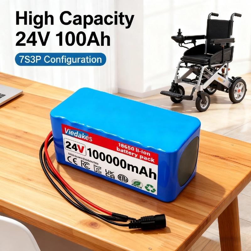 High Capacity 7S3P 24V 100Ah Lithium Battery for Wheelchairs 21700 100000mAh Rechargeable Pack with 29.4V 2A Fast Charger