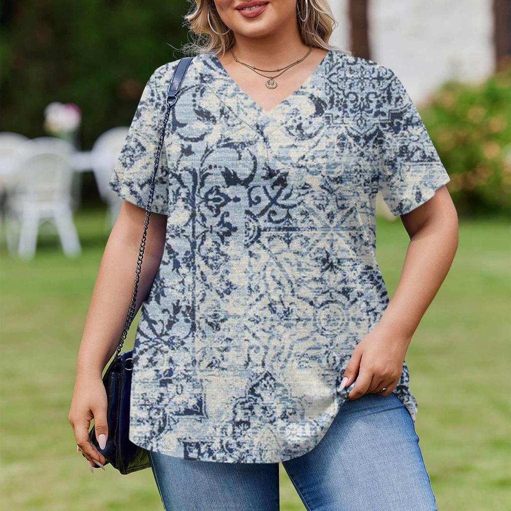 Women's Plus Size Fashionable Casual Loose-Fit Short Sleeve Elegant V Neck Blouse For Work