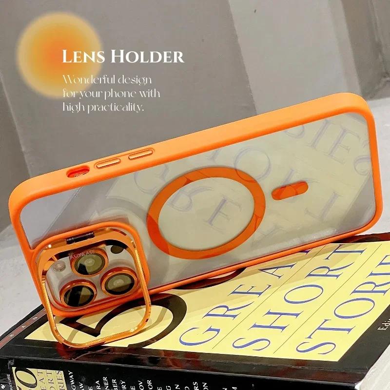 Magnetic Lens Metal Ring Stand Phone Case For IPhone 13 11 12 14 15 Pro Max Lens Glass Film Protection Transparent Magsafe Cover