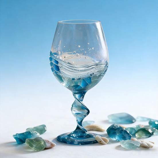 Spiral Cup Handle Wine Glass with Gradient Blue-Green Tone Unique Wave Texture Design Handheld Spiral Wine Cup