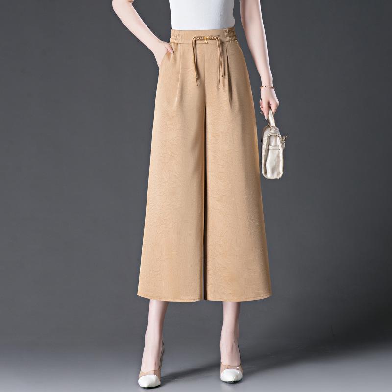 2024 Women's High Waist Drapey Wide-Leg Skirt Pants - Summer Plus Size, Eight-Point Length for Casual, Middle-Aged Style