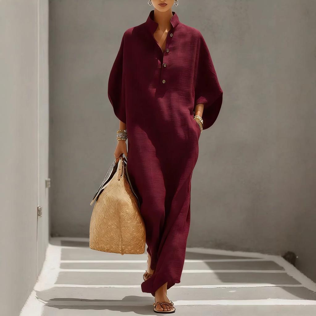 Spring and Summer Eurasia Fashion Women's Dress Loose Stand Neck Button Medium Sleeve Long Vacation Style Shirt Skirt