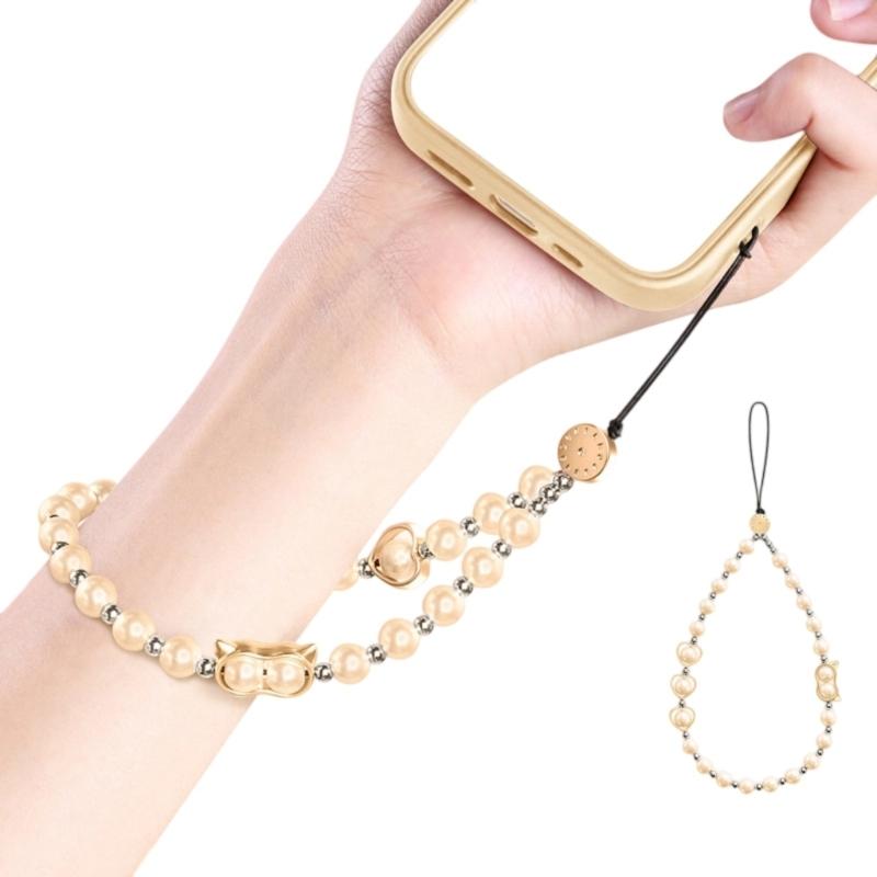 

Pearls Accent Phone Lanyard with Metal Hook Convertible Wrist Strap Multipurpose Beaded Phone Strap for Secure Carrying шампанського/золотий