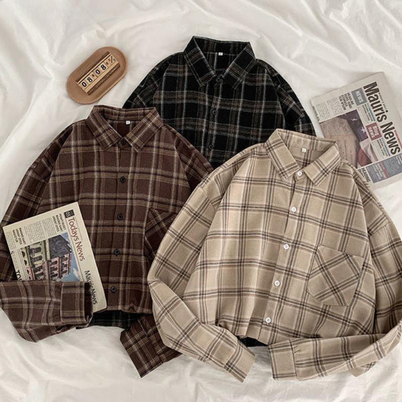 VAYLA Kostkované košile Dámské Bavlněná Nadměrná halenka Korejský styl Dlouhý rukáv Ležérní Vintage Zimní Kostkovaná košile