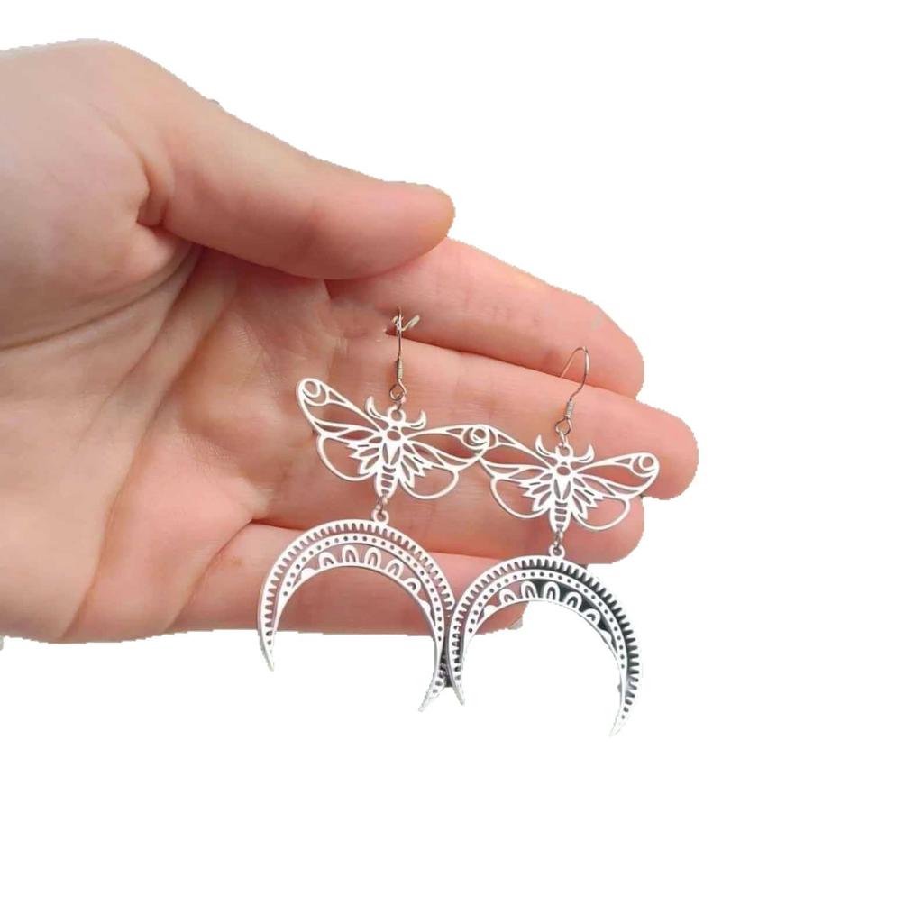 Bohemian Moon Earrings, Moth Dangle, Silver Earrings, Handmade Witchy Celestial Jewelry