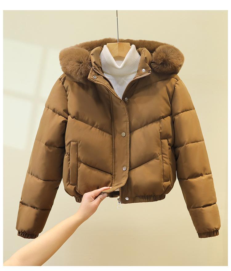 2025 winter new big fur collar cotton clothes women's Korean version slim fit small with thickened hooded jacket