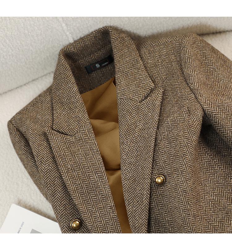 Women's Coffee-Colored Wool Blend Suit Jacket - Winter 2025, Padded, Thick, Loose Fit, Large Size.