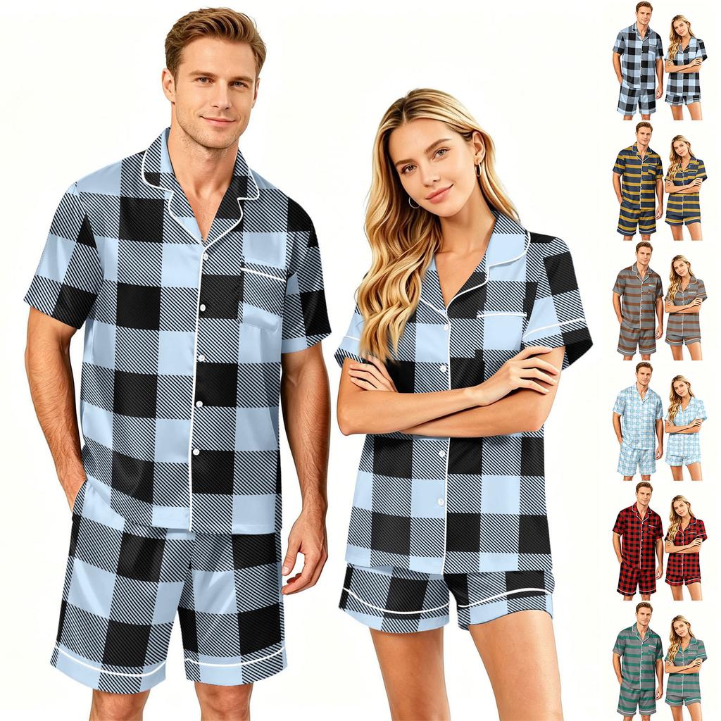 Couple Matching Pajama Set Short Sleeve Button Down Sleepwear Set with Shorts Soft Casual Loungewear S To XXXXL