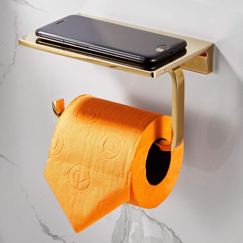 Toilet Paper Holder for Bathroom Solid Brass and Superior Hotel Style Tissue Roll Holder with Cell Phone Storage Gold Finish