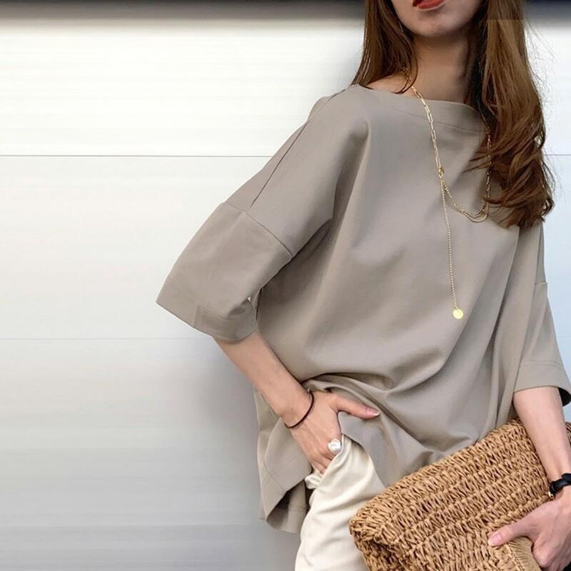 

Летний свитер на одно плечо с коротким рукавом из чистого хлопка, свободные футболки с рукавом пять четвертей для женщин XL