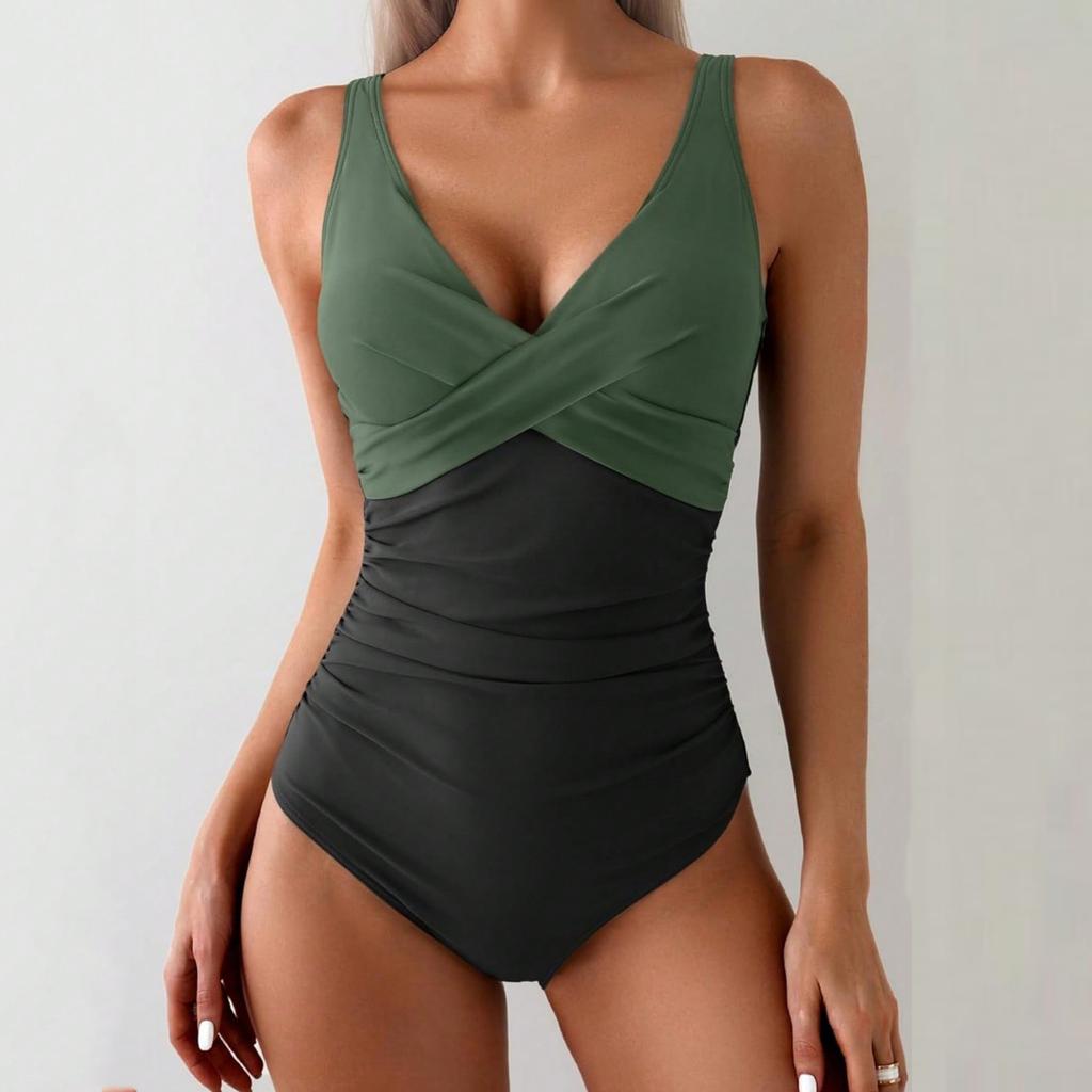 Women Swimsuit Fashionable Patchwork Design V Neck Ruched Bodysuit Bathing Suit for Beach Pool Vacation